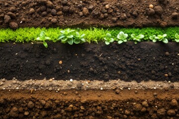 Fototapeta premium Soil layers with green plants emerging from rich dirt texture