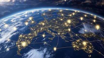 A network of glowing points connected by lines across the globe, symbolizing global connectivity.
