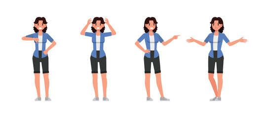 Woman wear blue shirt character vector illustration design set. Presentation in various action.