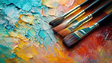 Obraz premium Painter's Palette with Brushes on Colorful Thick Oil Paint Texture