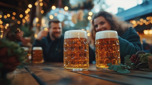 Oktoberfest, munich. Beer mugs on table, People drinking beer
