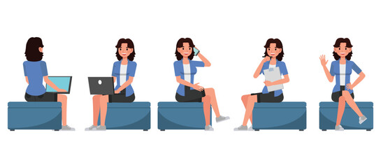 Woman wear blue shirt character vector illustration design set. Presentation in various action.