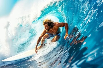 Aerial capture of a surfer riding the crest of a wave in the ocean s expansive blue waters