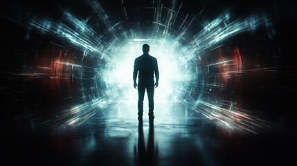 Silhouette of Man in Sci-Fi Portal with Futuristic Light Effects