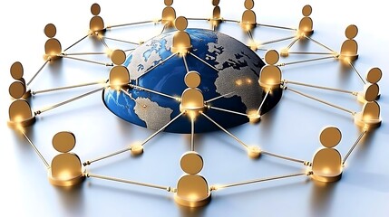 A 3D rendering of a global network with people connected by lines, symbolizing global connection and communication.