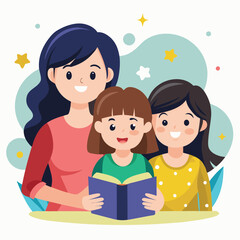 mother with her happy daughters reading a book vector art