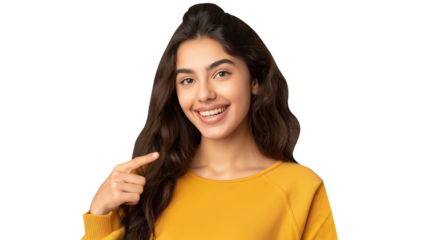 Cheerful Model Pointing Left for Product Placement on Transparent Background