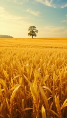Naklejka premium Lone tree standing in a golden wheat field under a bright blue sky