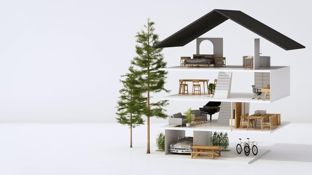 house structure gradually assembling piece by piece. followed by individual elements such as walls furniture trees and appliances. 4k animation creating a cozy section of house. 3d animation loop