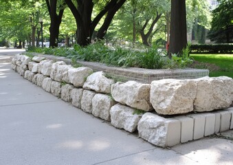 Industrial-style stone wall with large gray rocks
