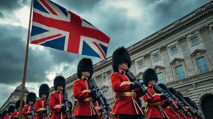 English Flag Fluttering as Royal Guards March in Formation