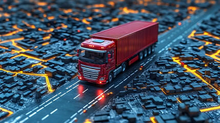 A red truck driving through a stylized urban landscape at night.