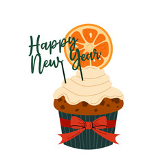 Happy New Year. Festive baking. Christmas muffin with cream and orange. Flat illustration of food on white background.