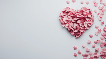 Valentine's day heart-shaped photo frame on white background with pink petals