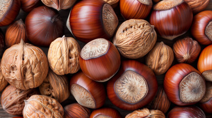 Obraz premium Stunning background featuring a detailed close-up of walnuts and hazelnuts, showcasing their unique textures and rich colors