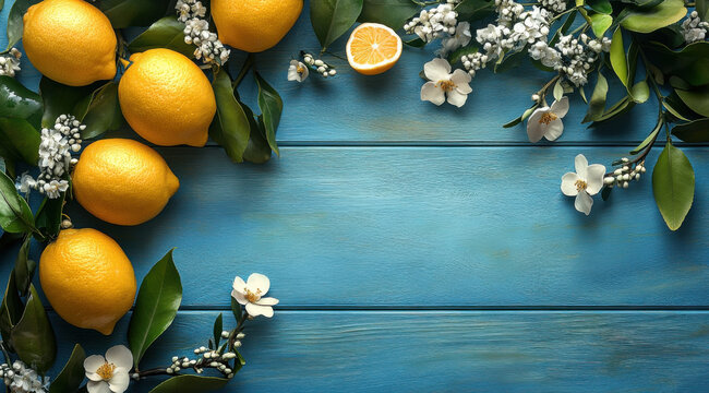Fresh lemons with beautiful decorations on a blue background - Powered by Adobe