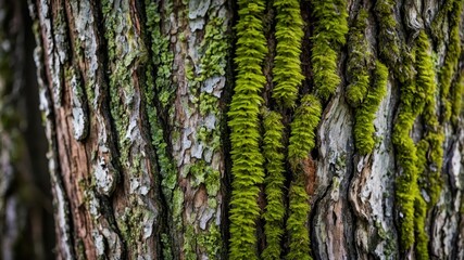 Obraz premium A close-up of a tree trunk covered in vibrant green moss, highlighting the intricate textures of nature and the beauty of forest life