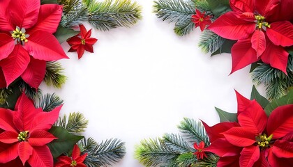 Festive red poinsettias and green pine branches create a cheerful holiday border for seasonal celebrations. Generative AI