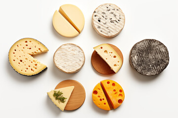 Top view cheeses on withe background. PNG cutout. Cheeses related themes. Buying and selling cheeses. Images for graphic designers. Isolated cheese. Image for website.