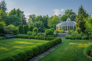 Obraz premium Backyard Garden with Green Hedges, Ornamental Grasses, and Large White Victorian Greenhouse