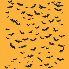 Naklejka premium Halloween banner, poster with black bats on the orange background. Template vector Illustration for text. Halloween background with swarm of bats on orange sky. with generative ai