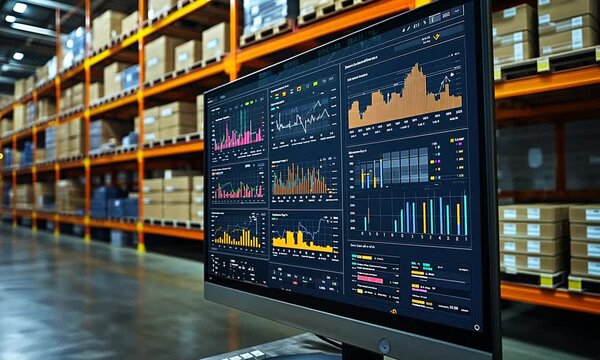 A computer monitor displays data analytics in a warehouse setting.