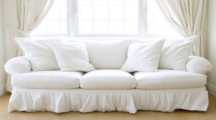 Minimalist living room with a simple sofa in one color, crisp white walls, and empty frames, offering a modern, streamlined look.