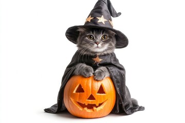 Halloween cat in witch costume isolated on white background with copy space. British cat in witch hat and coat with stars sitting on jack lantern pumpkin. with generative ai