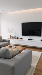 Modern smart-home tech meets comfortable relaxation sleek living space boasts gray sofa amidst cutting-edge gadgetry
