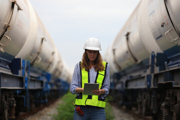 Female warehouse and chemical arrangement  or senior engineer working at  A station designed for transporting oil and gas products in specialized tanks, utilizing train transport on tracks