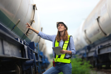 Female warehouse and chemical arrangement  or senior engineer working at  A station designed for...