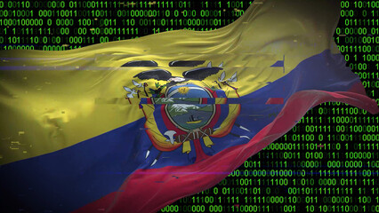Binary code on flag of Ecuador. Program source code or Hacker concept on Ecuadorian flag. Ecuador digital technology security, hacking or programming