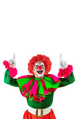 Funny clown pointing up at blank template copy spase for advertising, posters, greetings,...