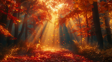 Fototapeta premium Magical Sunlit Autumn Forest with Colorful Fallen Leaves 
