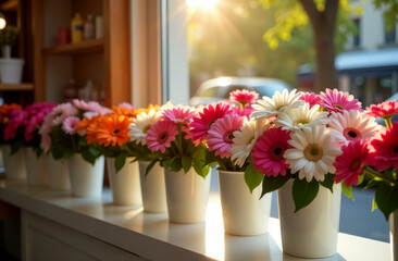 Fototapeta premium beautiful delicate gerbera flowers are collected in bouquets and stand in white vases and pots on the windowsill next to the display case
