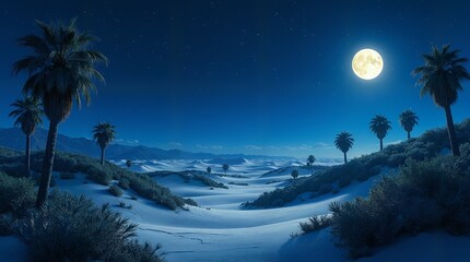 Fototapeta premium Desert Night with Full Moon and Palm Trees
