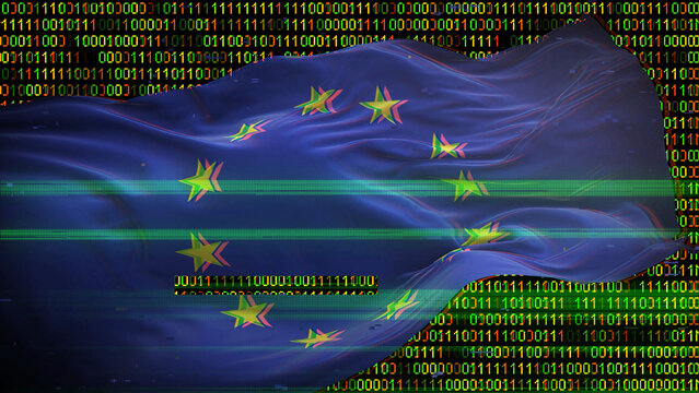 Binary code on flag of Europe. Program source code or Hacker concept on European Union flag. EU Union digital technology security, hacking or programming