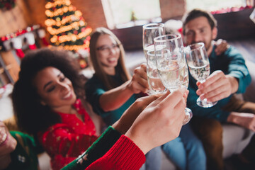 Photo of cheerful young people friends group drink champagne toast celebrate cozy christmas party decor spacious apartment indoors