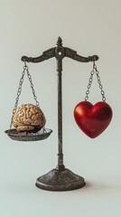 A balance scale holds a brain on one side and a red heart on the other, symbolizing the conflict between intellect and emotion.