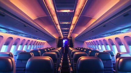 Fototapeta premium An image of the interior of an airplane cabin, showcasing empty rows of seats with soft purple and yellow lighting, highlighting the comfort and modernity of the aircraft.
