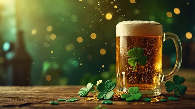 Mug of beer with shamrocks and gold coins for a festive St. Patrick's Day celebration