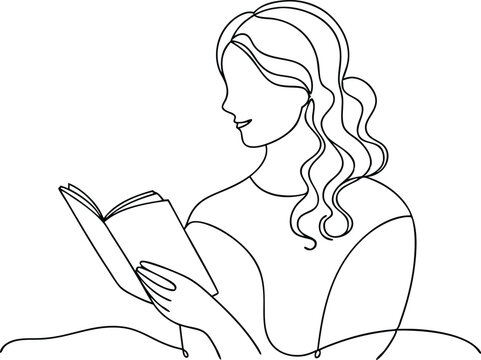 recommend clip art: Continuous Line Art Woman reading book, Minimalist Black Linear isolated on white background.