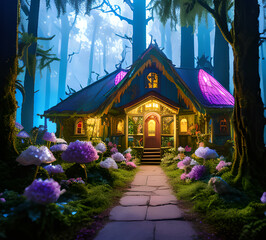 Fototapeta premium Natural landscape.fantasy world of fairytale country with houses and flowers Cartoon style Advertising for a book.generative ai