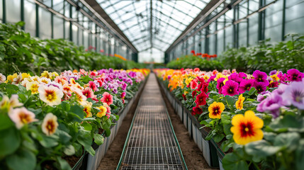 An indoor hydroponic farm featuring rows of vibrant, colorful flowers. The floor is lined with solar panels, reflecting a futuristic and eco-friendly environment