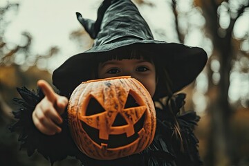 Halloween child with jack-o-lantern pumpkin pointing at you. Little child in witch hat with Halloween pumpkin. Halloween celebration on Christmas day. with generative ai