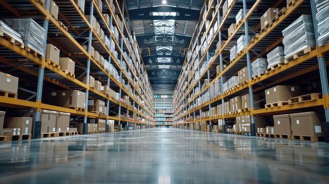 The image shows an empty aisle in a large warehouse with shelves stacked with cardboard boxes on pallets. The warehouse is well-lit and the floor is clean and reflective.