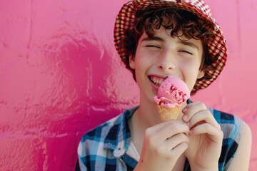 Cheerful brunette teenage boy savoring a delightful scoop of strawberry ice cream