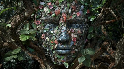Nature Spirit. A Fusion of Faces and Flora in a Mystical Woodland Setting