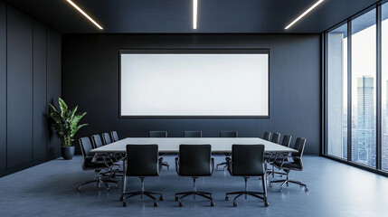 Seminar room Business event meeting room style Modern small sized room white chair big screen white wall background big window Frame Mockup