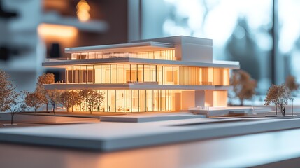 Architectural model a contemporary building, warmly lit in a design office